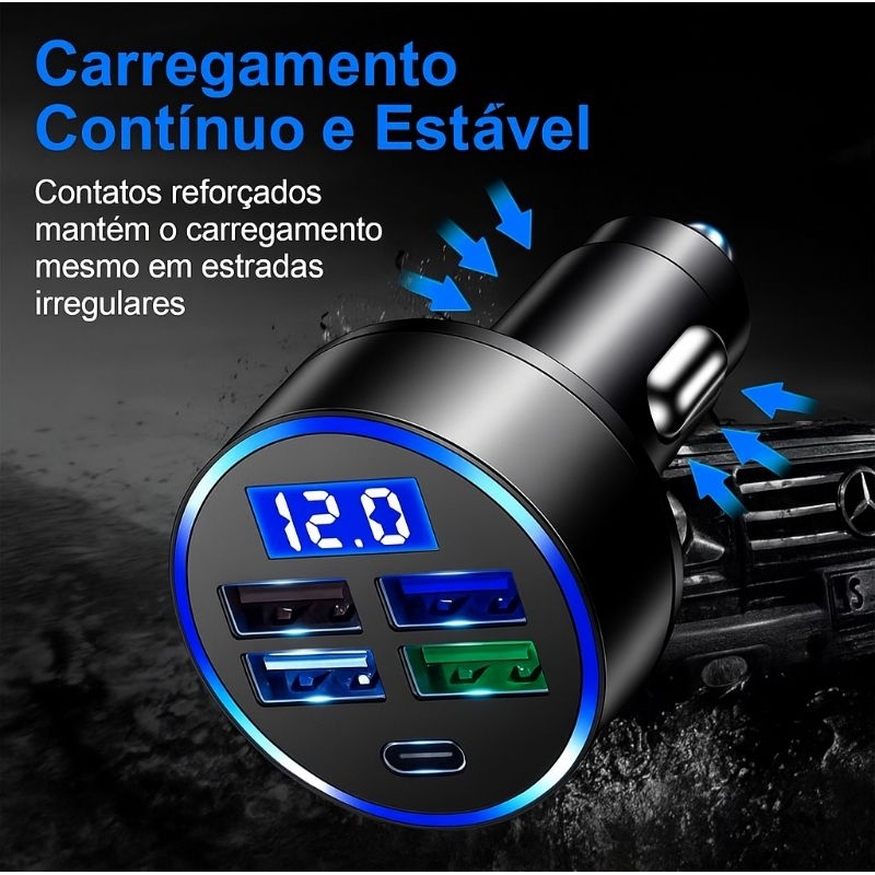 Carregador turbo de carro 5 portas com display digital / Carga rápida