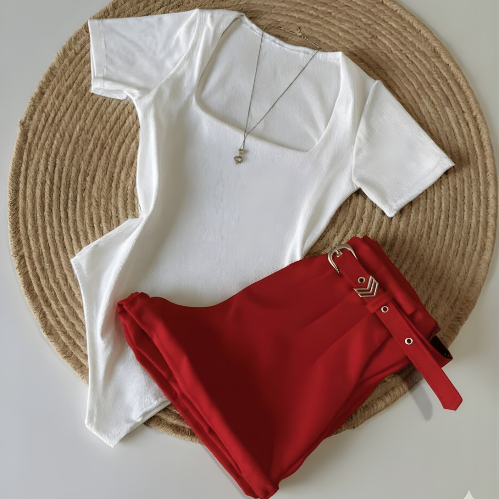 Conjunto 1 Body Gola QUADRADA BRANCO + Short Alfaiataria com cinto Inspiração Moda Blogueira Tendenc