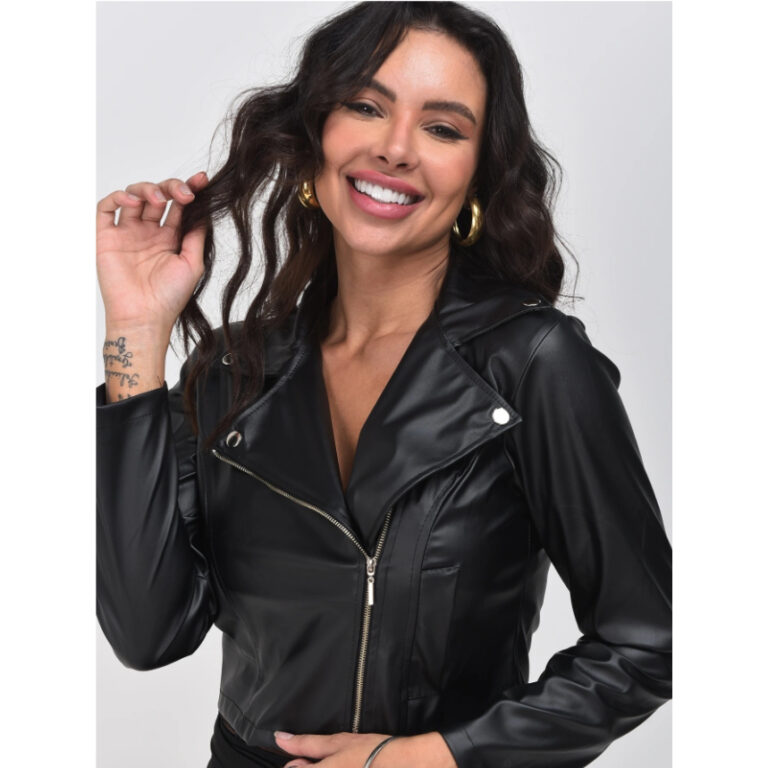 Jaqueta de Couro com Zíper Moda Inverno