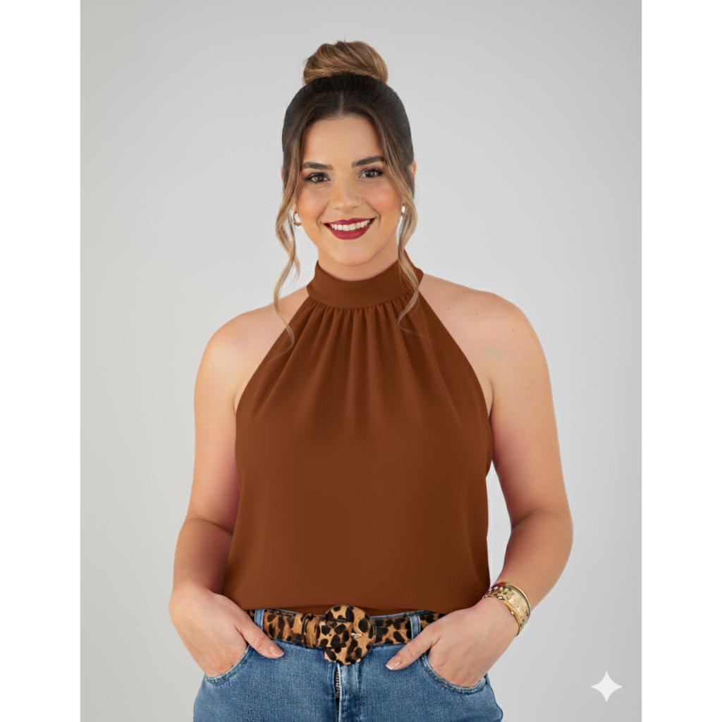 Blusa Feminina Regata Gola Alta Com Laço Amarração Elegante Festa Trabalho Envio Imediato