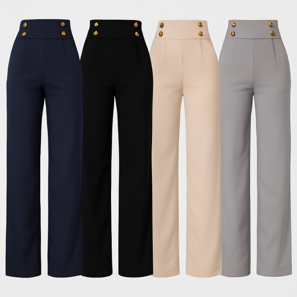 Calça Pantalona Alfaiataria Premium Cintura Alta Com Bolso Botões Social Plus Size PROMOÇÃO