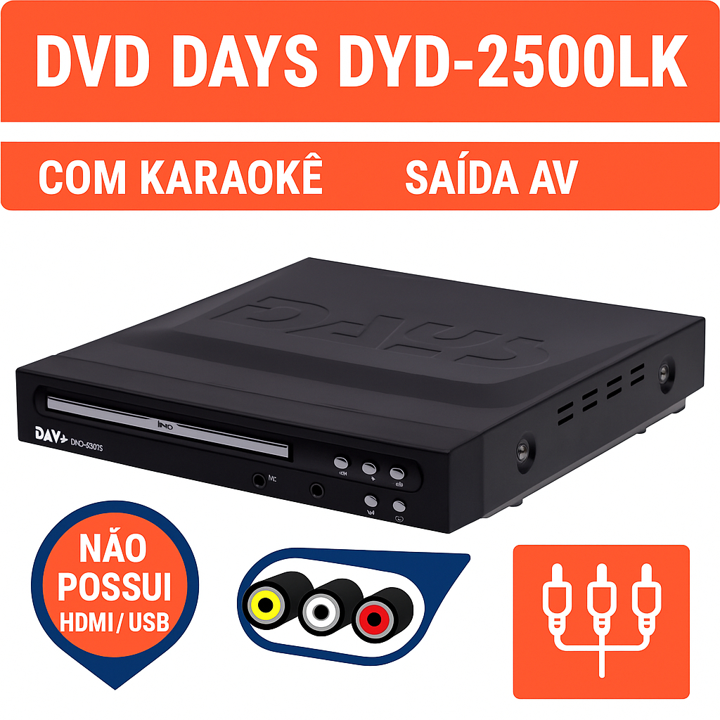 DVD Player Days DYD-2500LK com Karaokê Compatível com TVs Antigas Saída AV Bivolt