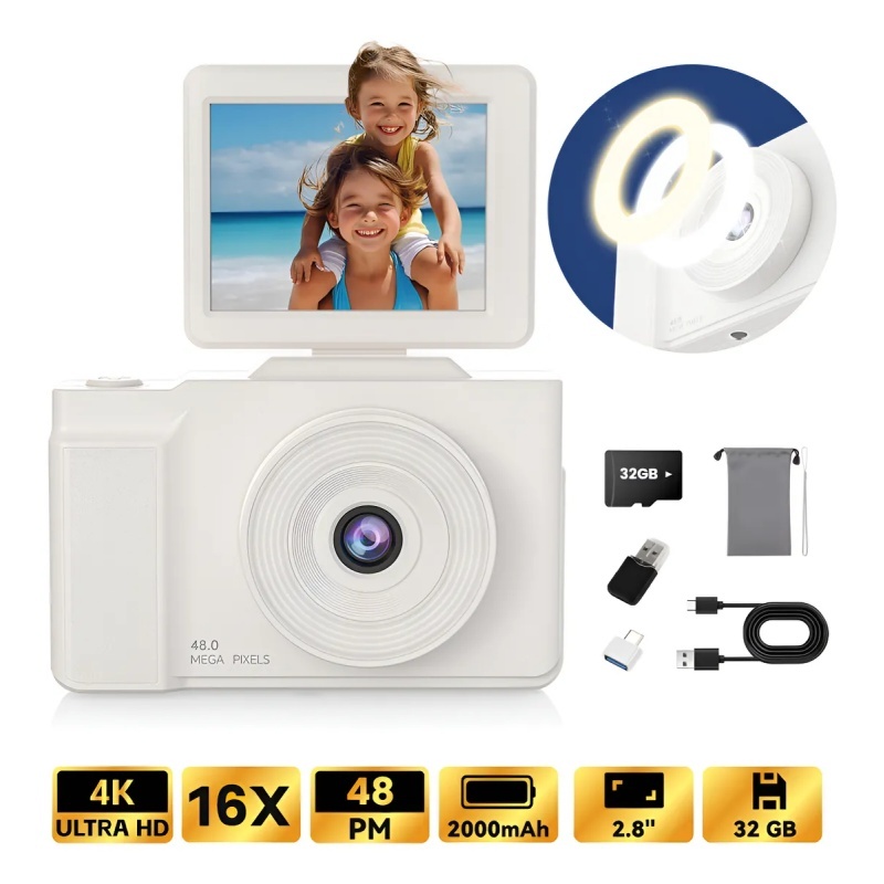 CâMera Digital Hd 4K 48MP Vlog Video Com CartãO Sd De 32GB CCD 2025 Tela Flip 8x Zoom Presente Estud