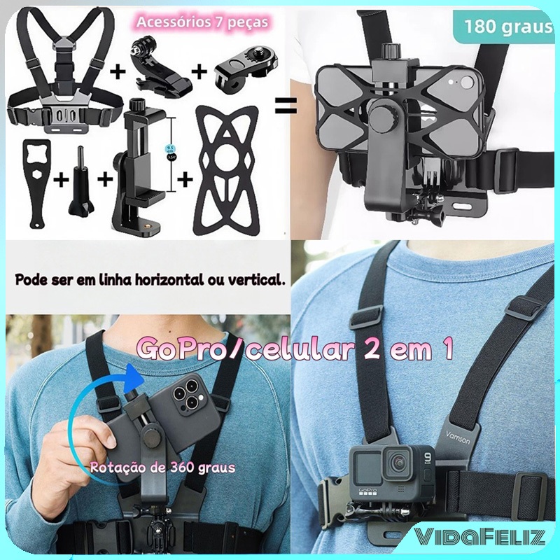 7 Kits Suporte de Peito Ajustável | Smartphone + GoPro | Antivibração | Motocicleta, Bike e Esportes