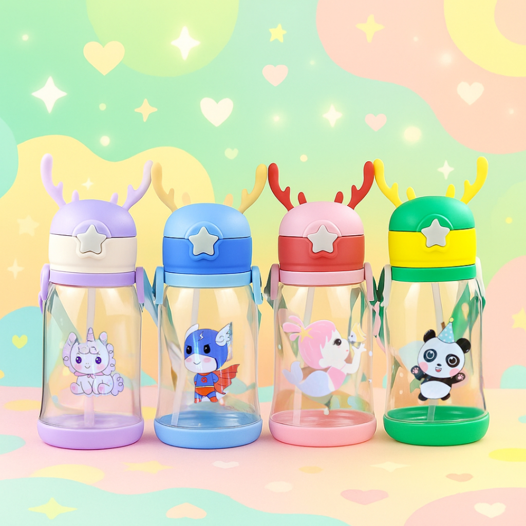 Garrafa 600ml com Canudo Leve e Prática para Bebês Crianças com Tampa Kids Divertido Bico Macio