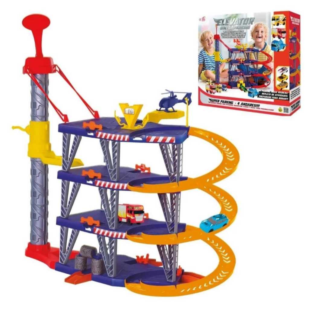 Elevator Mega Parking 4 Andares Carrinho e Helicóptero Brinquedo Menino Samba Toys