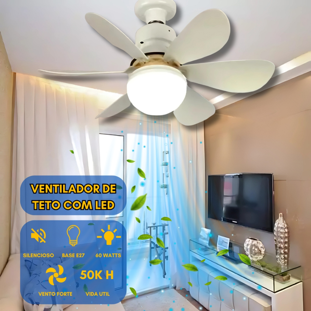 Ventilador de Teto Com Luz 100W Led 3 Tipos de Luz + Controle Remoto Ventilador C/ 6 Hélices Bivolt