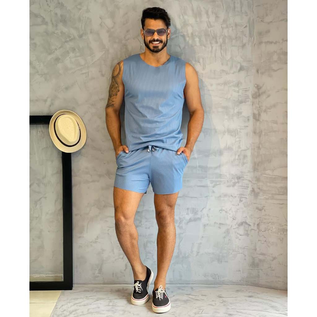 Regata Machão + Bermuda Mauricinho Conjunto Masculino Praia Verão Ribana Canelada Quente