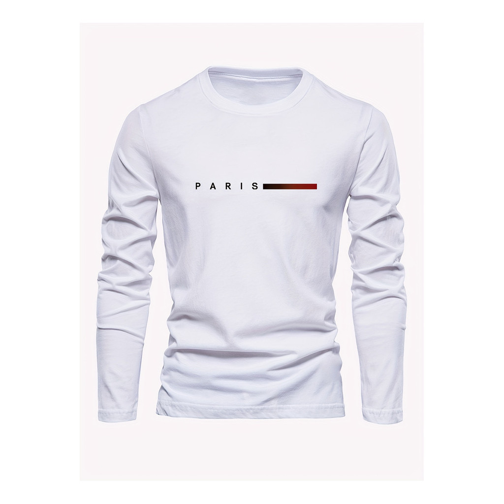Camiseta Manga Longa Casual Paris Faixa Inverno Frio 100% Algodão