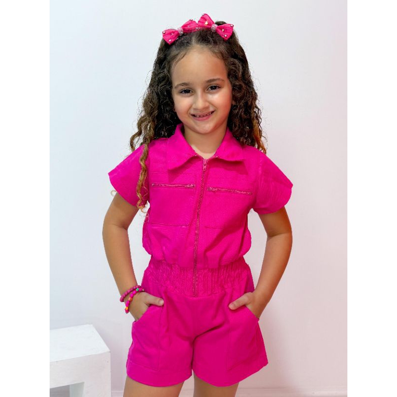 Macacão short ziper Infantil menina rosa pink  blogueirinha diva