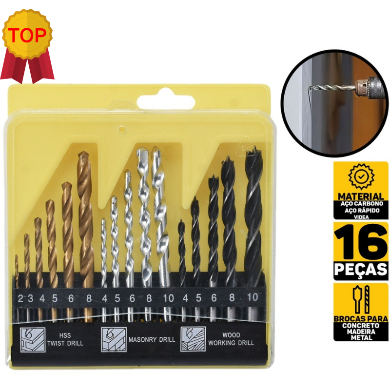 Kit Jogo De Brocas Estojo 16 Peças Madeira Metal Concreto