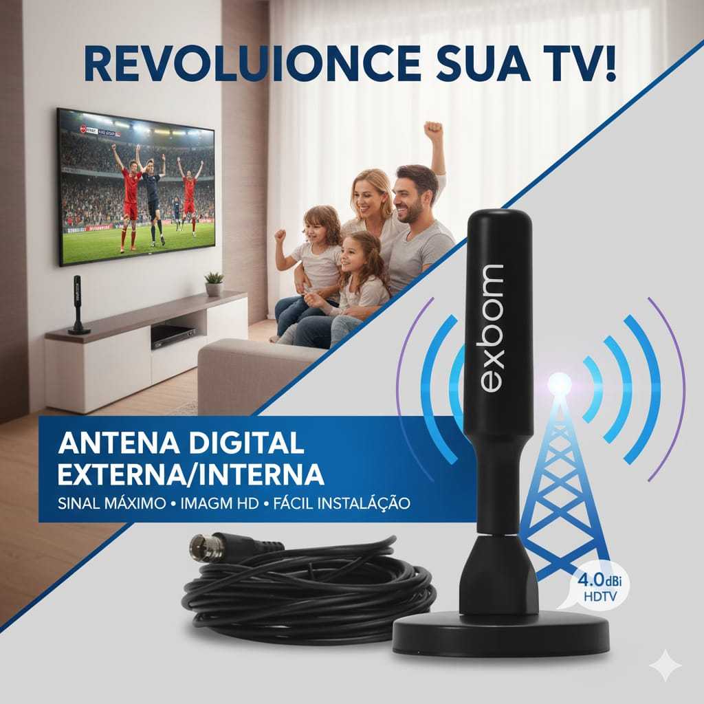 Antena Digital Interna e Externa, Sinal TV, HDTV, 4K, FM, UHF, Base Imã, Prova dágua
