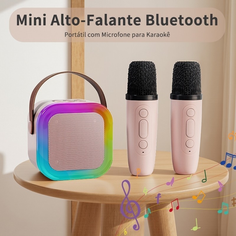 Caixinha de Som com 2 Microfones Sem Fio Portátil Infantil Alto-Falante Bluetooth Karaokê