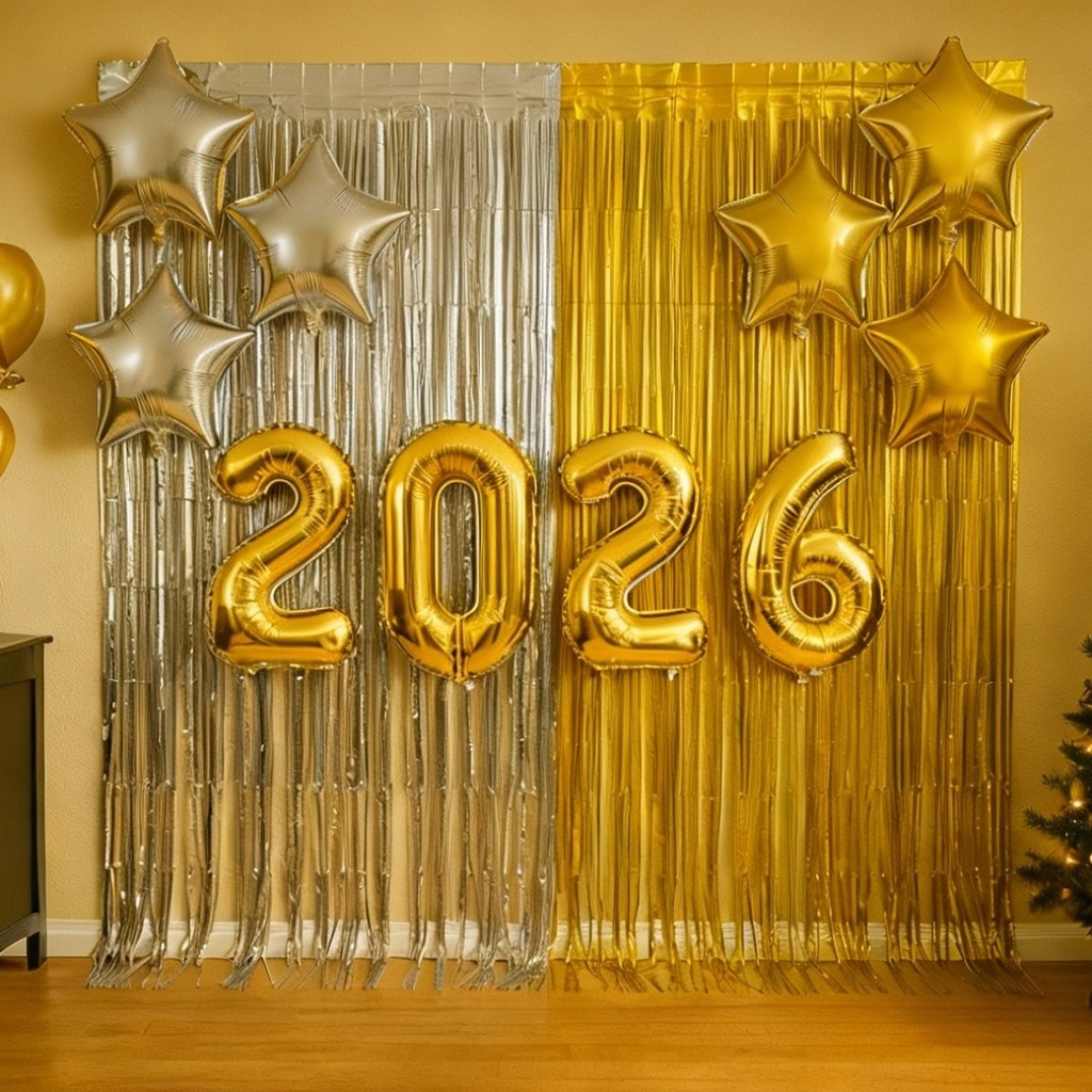 Kit Decoração 2026 Ano Novo 2 Cortinas Metalizadas 1x2m Toalha 6 Balões Estrela 10 Festas Eventos