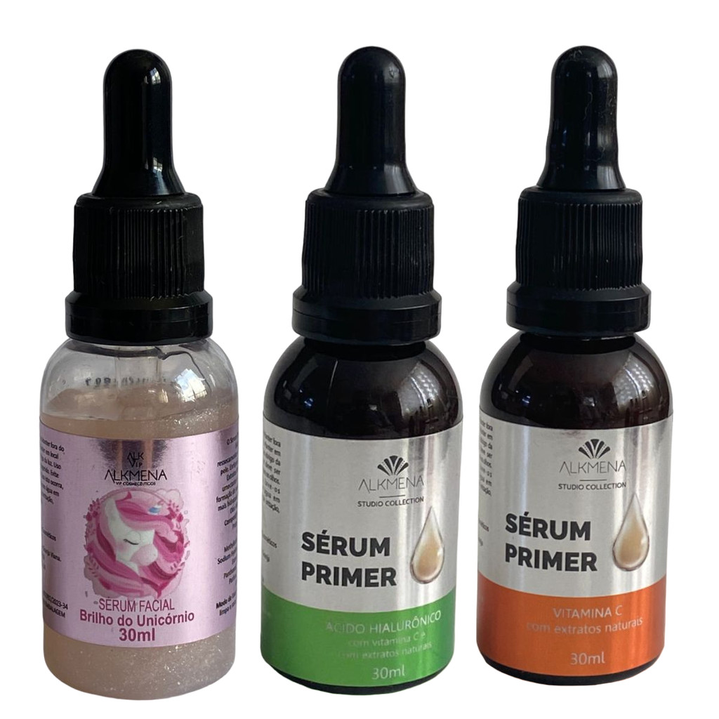 Kit 3 Sérum facial – Ácido Hialurônico 30ml / Sérum Primer Vitamina C 30ml /Sérum Facial Primer Bril
