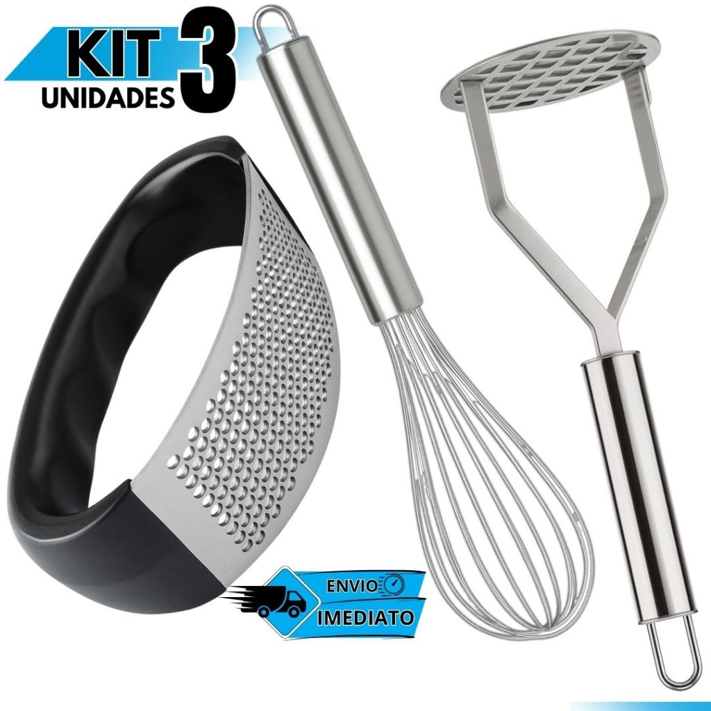 Kit Utensílios Aço Inox  Amassador de Batata, Espremedor de Alho e Fouet Batedor de Ovos