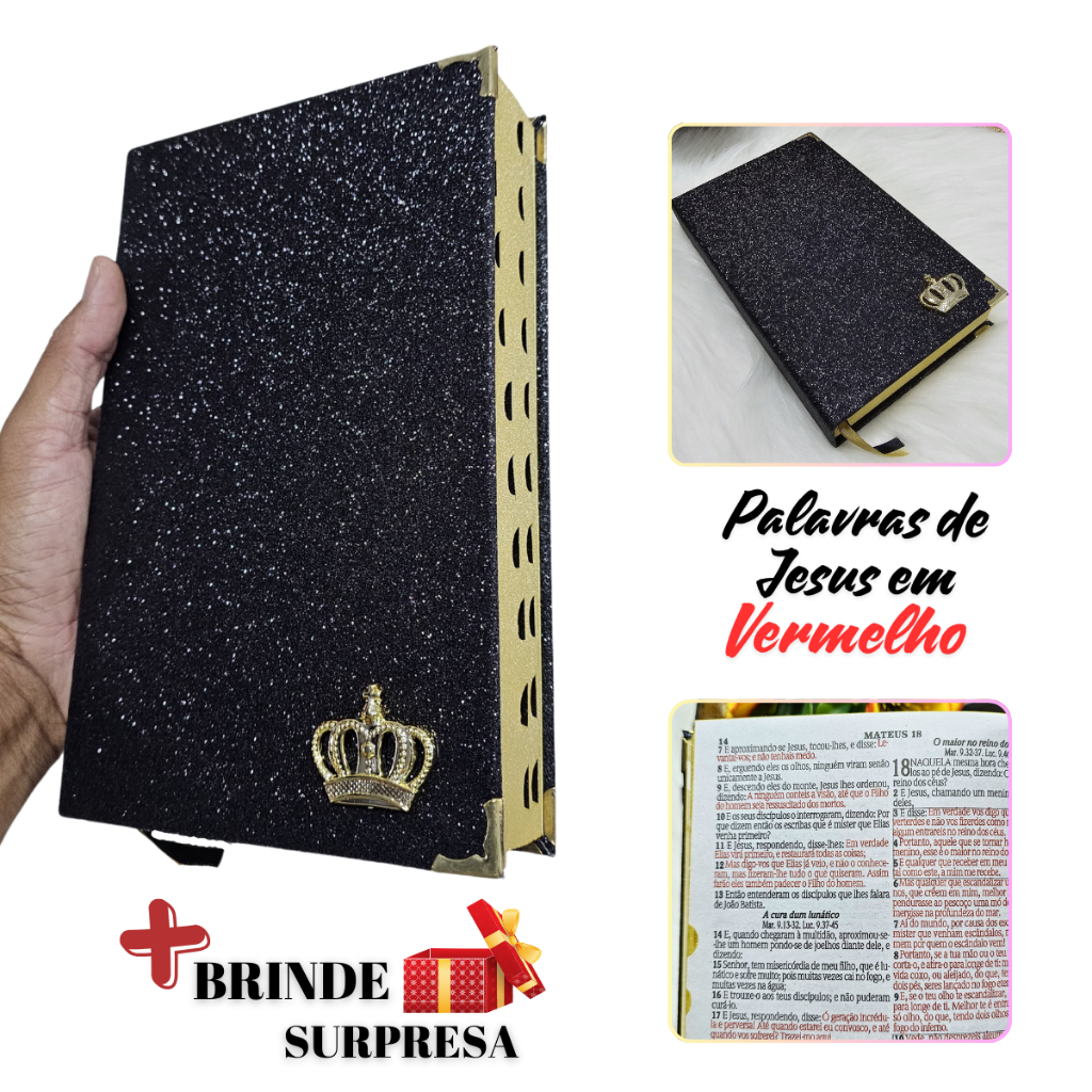 Bíblia Sagrada Feminina Glitter Preta Brilho Palavras de Jesus em Vermelho Harpa e Índice Luxo