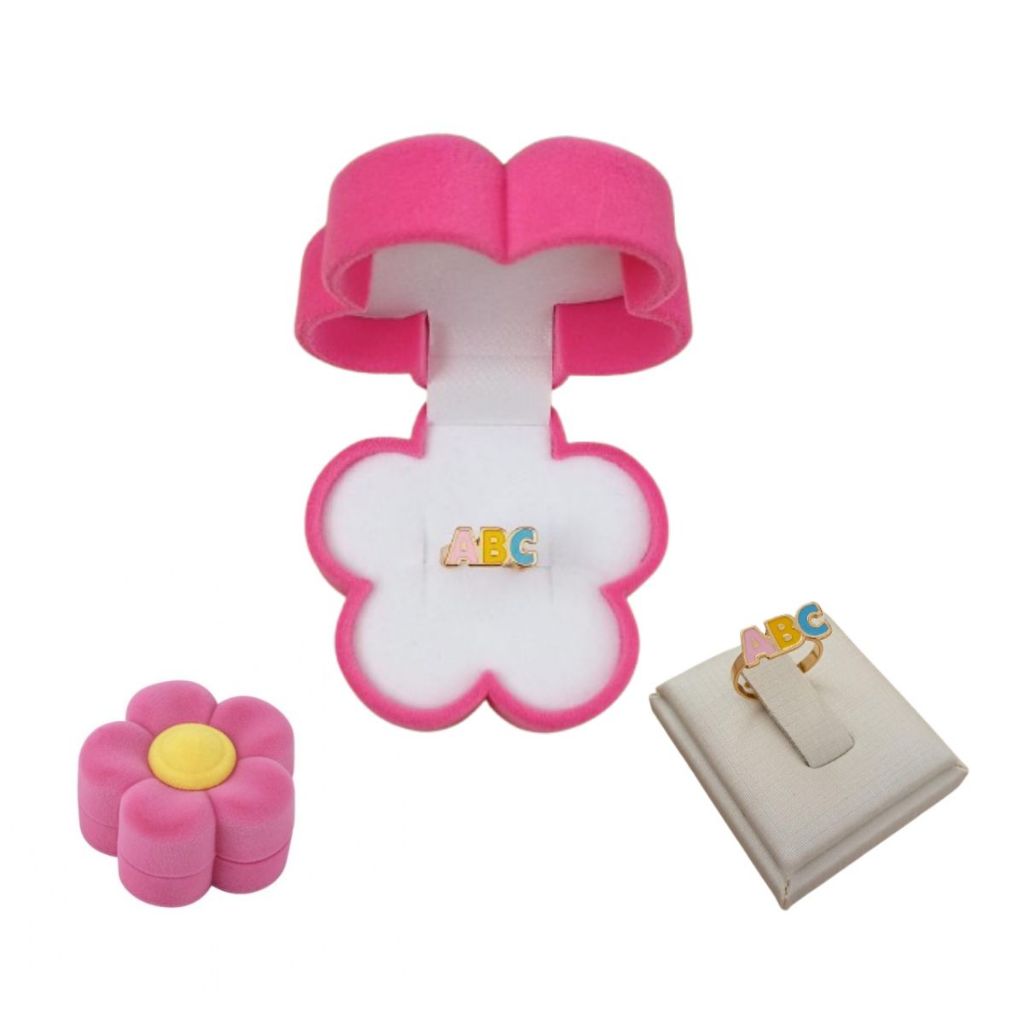 Anel Abc Menina Colorido Escola Ajustável Folheado Ouro