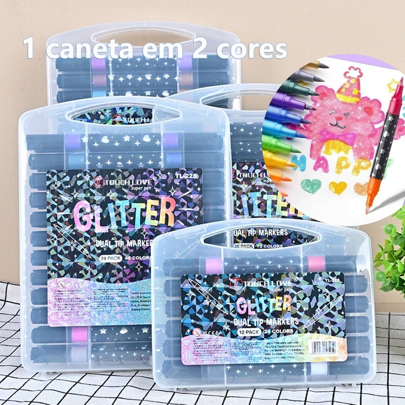 Caneta Marcadora Glitter Dupla Ponta 2/24/96 Cores | Arte, Escola, Planner, Desenho GLDD