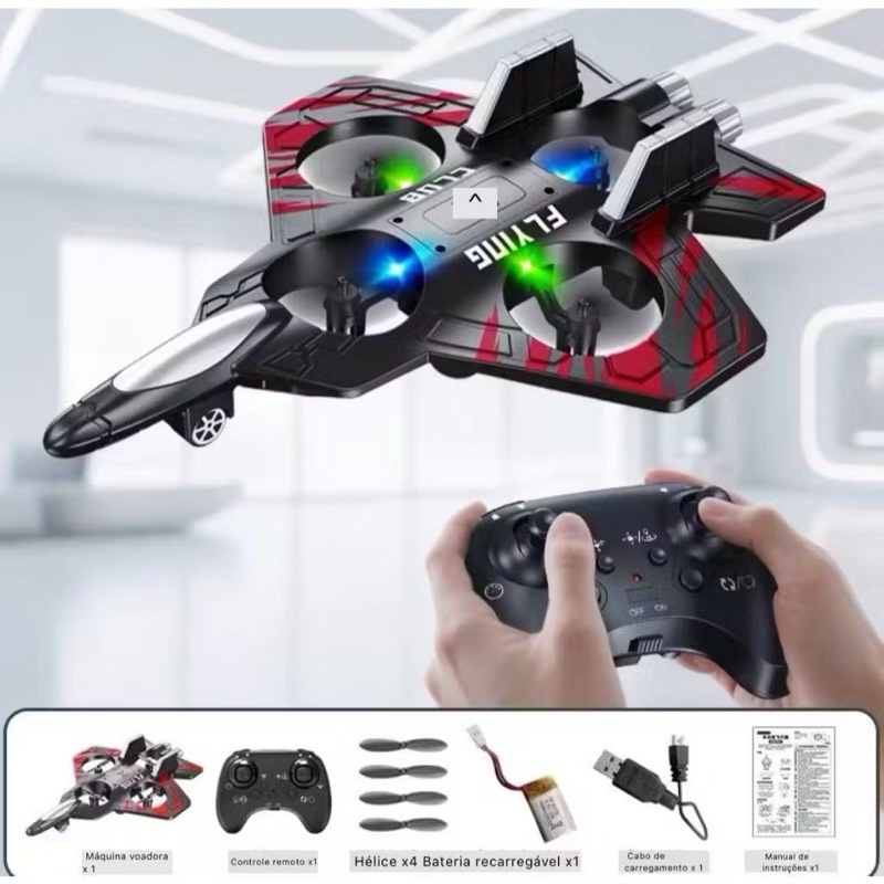 Drone Avião RC Camuflagem Azul com Controle Remoto  Brinquedo Voador 2 em 1, Luz LED, Recarga USB pa