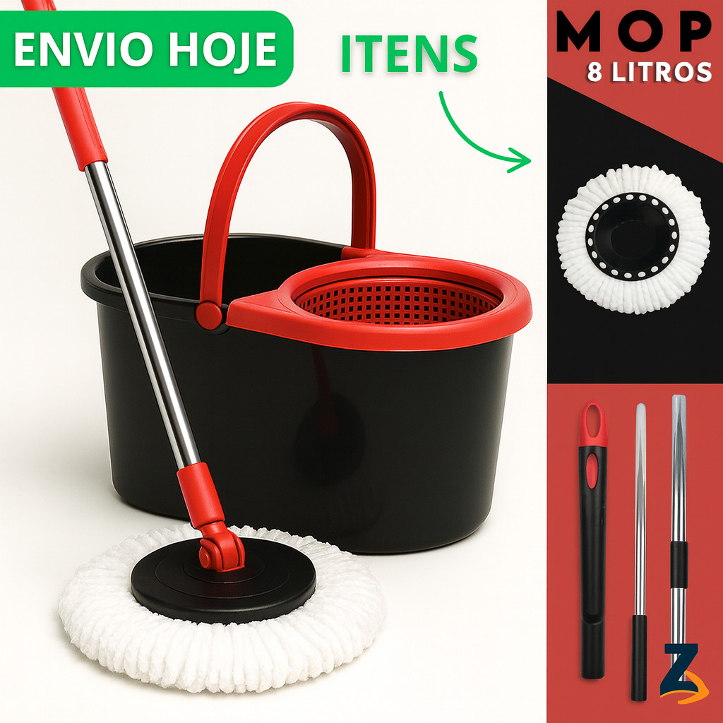 Mop Giratório Cabo Grande de 120 cm 8 Litros Cesto Em Plástico e Inox – Balde Centrífuga Preto