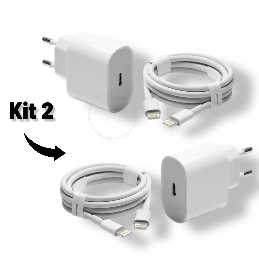 Kit 2/1 Carregadores Turbo Com Fonte e Cabo 1 Metro Carregamento Rápido 20W