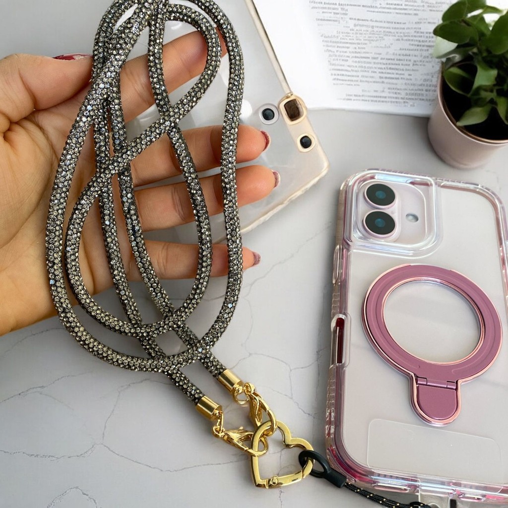 Cordão de Celular de Luxo com Strass  | Alça com Coração Dourado Detalhes Premium