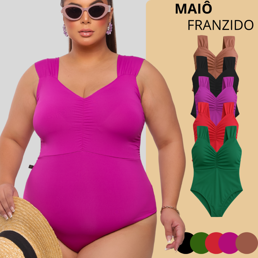 Maiô Body Feminino Moda Praia Bojo Franzido Alça Larga Forrado De Banho Plus Size
