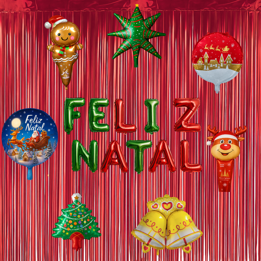 Kit Decoração Feliz Natal c/ 2 Cortinas Metalizadas 1x2m + 6 Balões SORTIDOS, Festas, Comemorações,