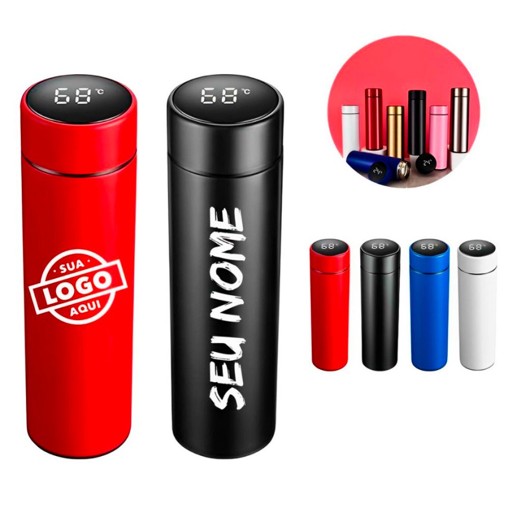 Garrafa Térmica Personalizada com LED inteligente 500ML – Nome, Logo, Desenho, Time