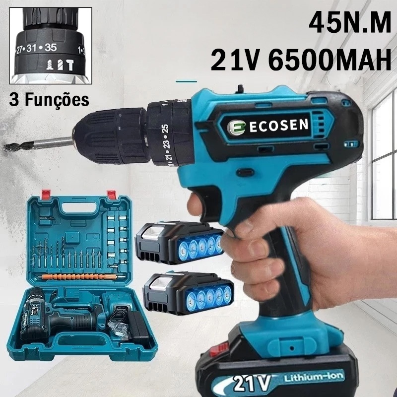 Furadeira Parafusadeira 3/8 bateria 21V ou 12V com maleta e acessórios/ECOSEN Furadeira elétrica pre