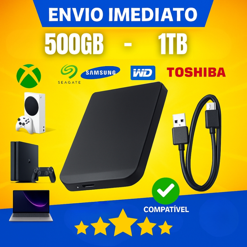 HD Externo Portátil 1TB/500GB USB 3.0 Para PC, Notebook, Xbox, PS3, PS4 e PS5  Com Garantia