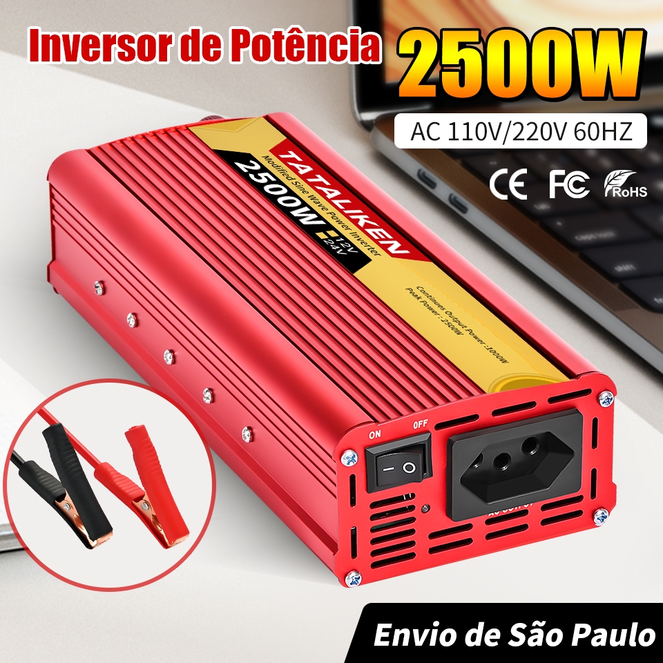 Inversor 12V to 110V / 220V 2500W 2000W 1500W 600W Transformador de carro brasileiro com tomada de t