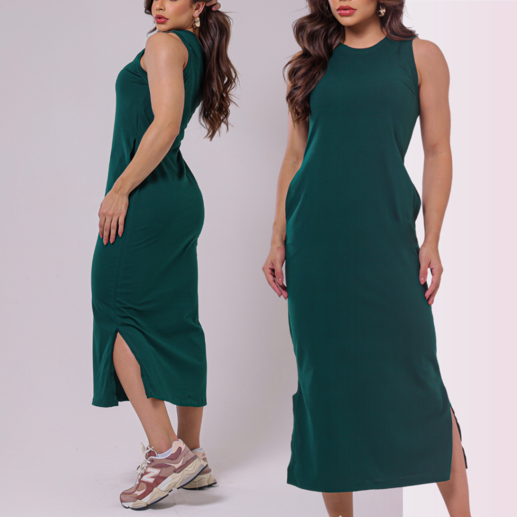 Vestido Feminino Midi Algodão Elegante Básico Cavado