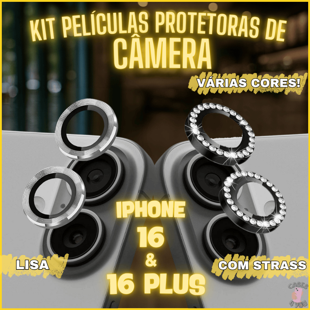 Kit Película de Câmera para Iphone 16 e 16 Plus Protetor Camera Lisa Strass Diamante Brilho 2 peças