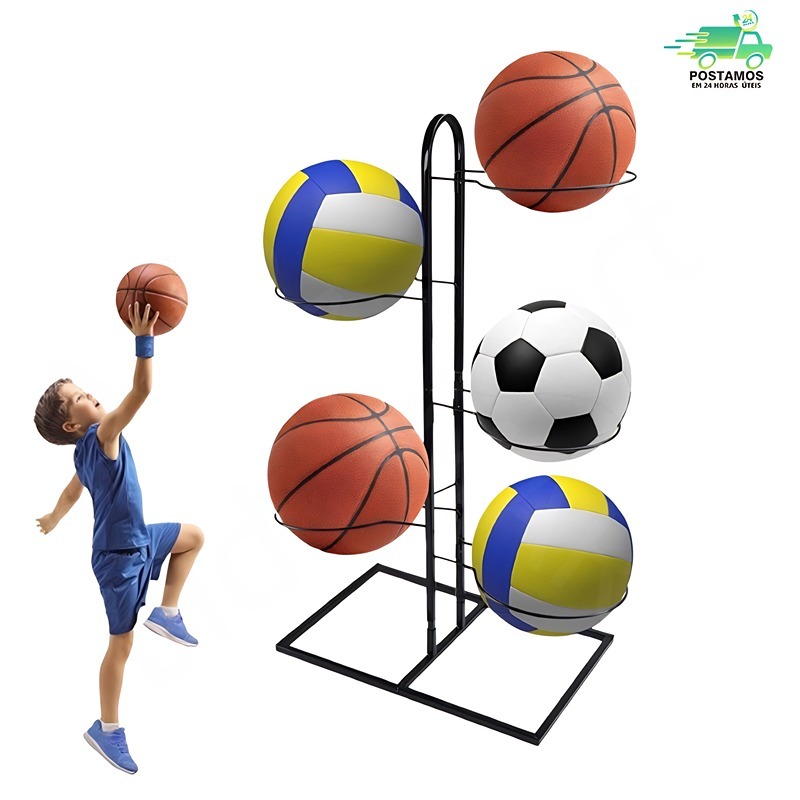 Suporte para armazenamento de bolas de basquete, material todo em metal, economiza espaço