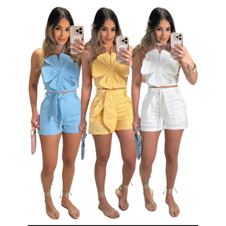 Conjunto flower  short e crope tecido sensorial ma