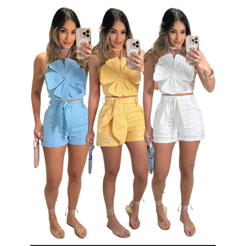 Conjunto flower short e crope tecido sensorial marant