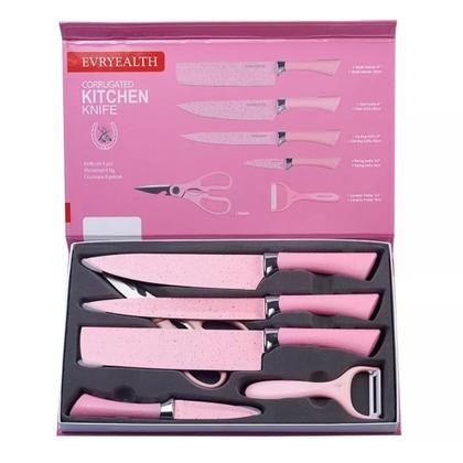 Kit Facas Inox Rosa 6 Peças Premium c/ Tesoura e 