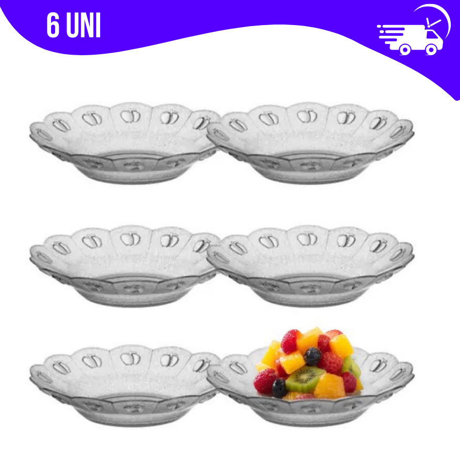 Conjunto 6 Pratos de Vidro p/ Sobremesa Design Maçã em Relevo Ideal p/ Bolo, Torta, Sorvete