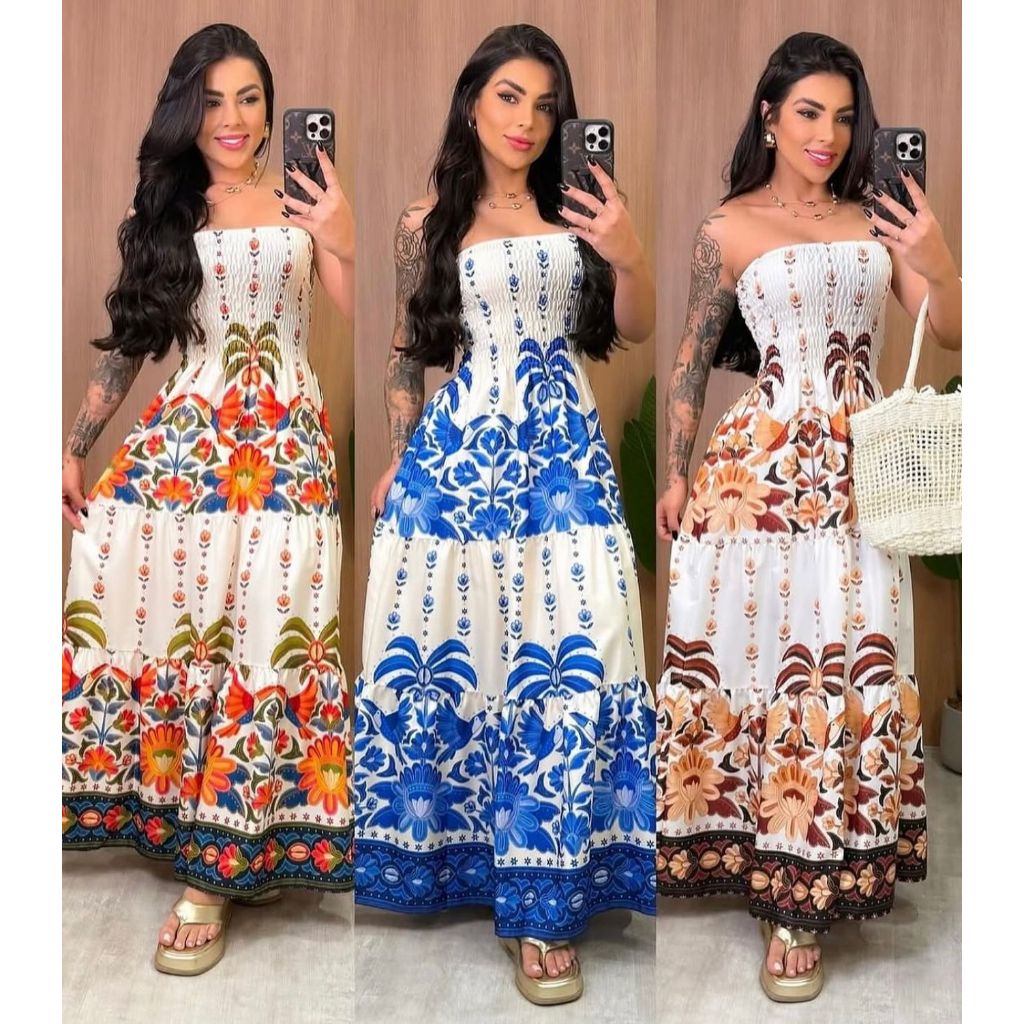 Vestido Tropical Longo Tomara que Caia Estampado  Moda Feminina 2025 ENTREGA RAPIDA