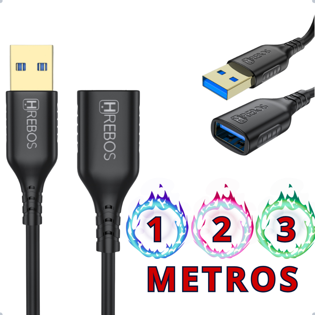 Cabo Extensor UBS 3.0 – 1 Metro, 2 Metros e 3 Metros – 5 Gbps – Extensão Fêmea e Macho Webcam Mouse.