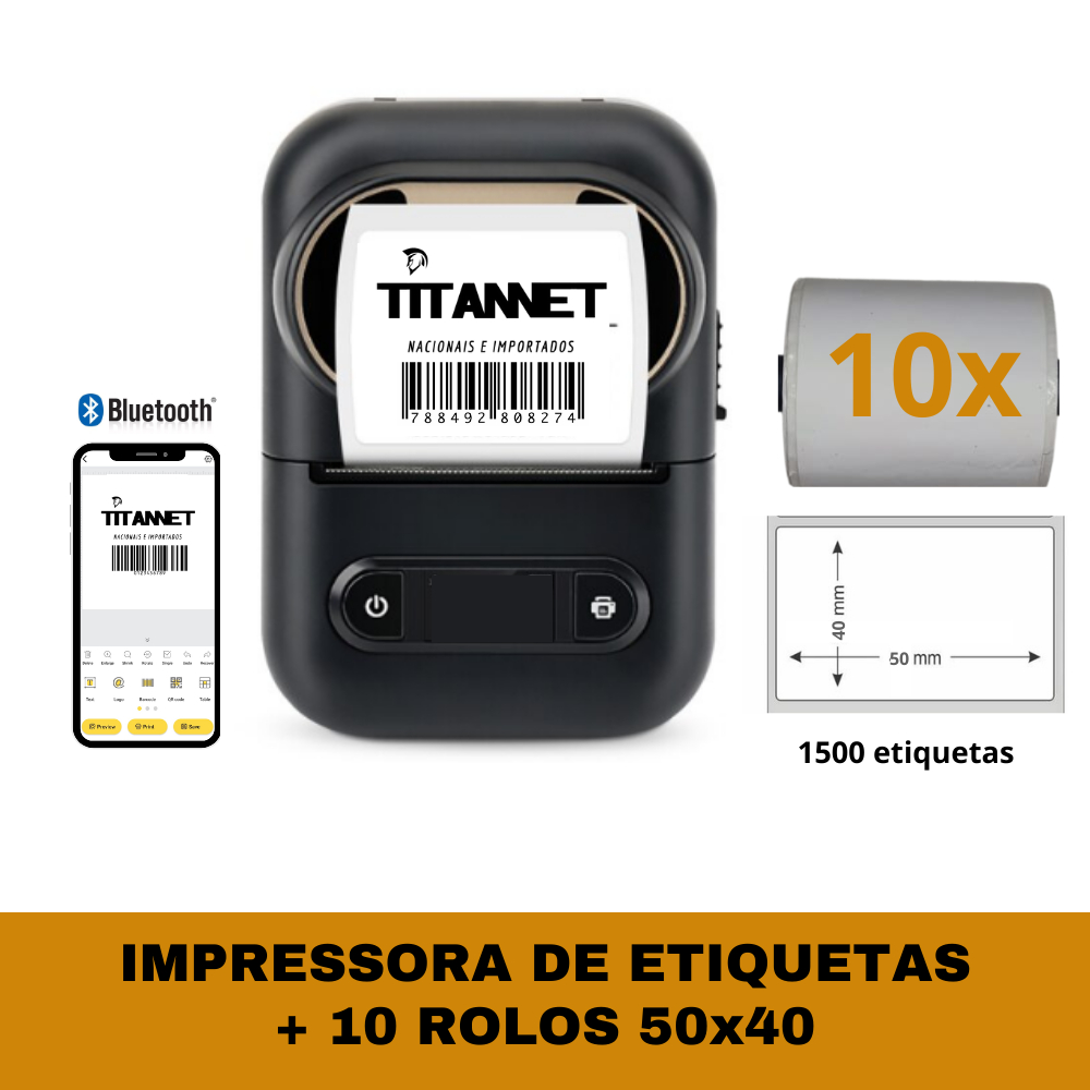 Impressora Bluetooth + 10 Rolos Etiquetas Adesivas 50×40