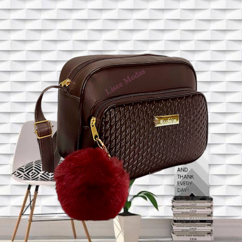 Bolsa Feminina Pequena Transversal Alça regulável 3 BOLSOS + POMPOM SUPER PROMOÇÃO