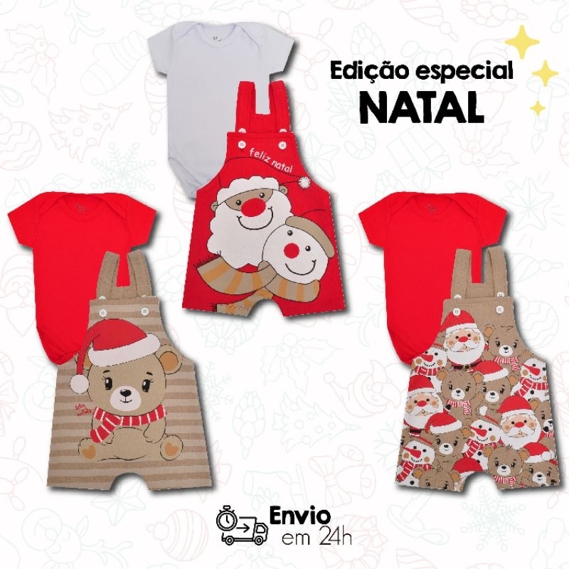 Conjunto 2 peças Jardineira e Body  Natal