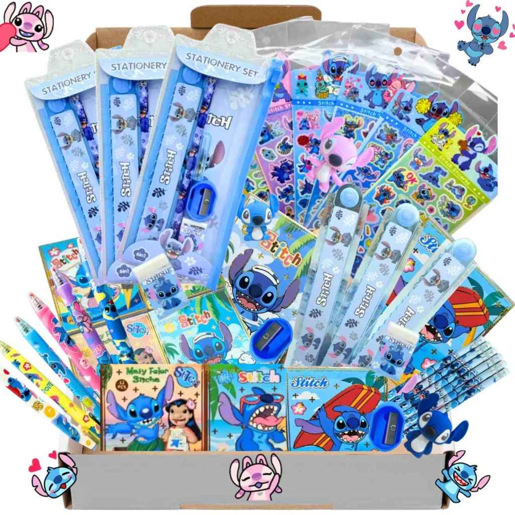 Kit Papelaria Hello Kitty Homem Aranha Stitch Kawaii Estojo Apontador Caneta Régua Borracha Caderno