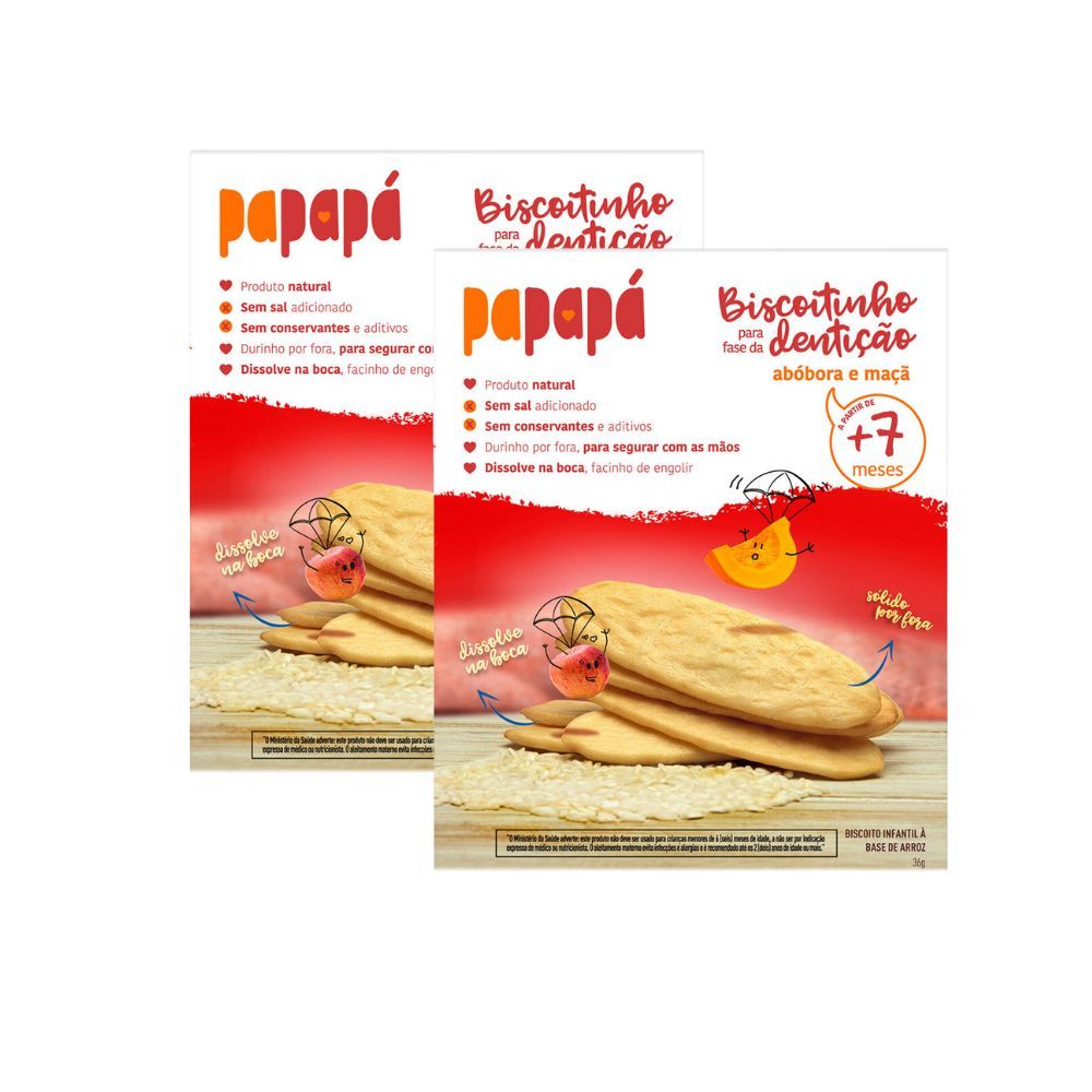 Kit 2 Biscoitinho para Fase da Dentição a Base de Arroz Papapá 7+ Meses Abóbora e Maçã sem Glúten 36