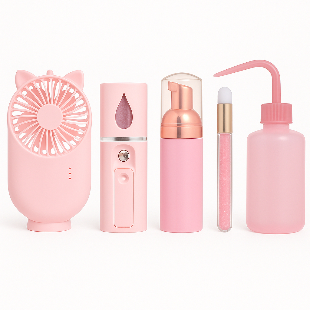 Kit Higienização Extensão de Cílios com Nano Mister, Ventilador Portátil, Pump, Pincel e Pisseta
