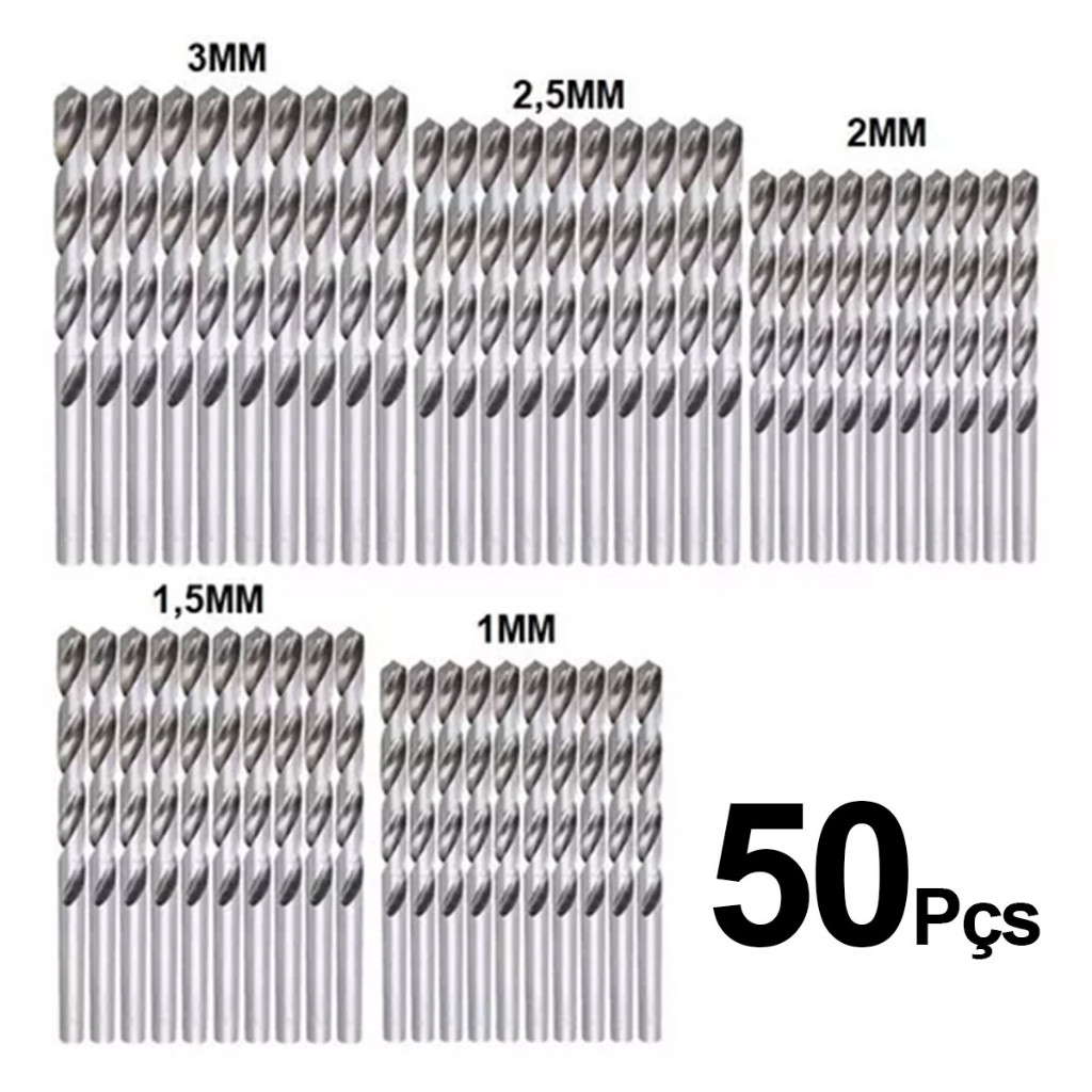 Jogo com 50 Brocas de Aço Rápido Lorben 1mm 1.5mm 2mm 2.5mm 3mm Bricolagem Marcenaria Eletrônica
