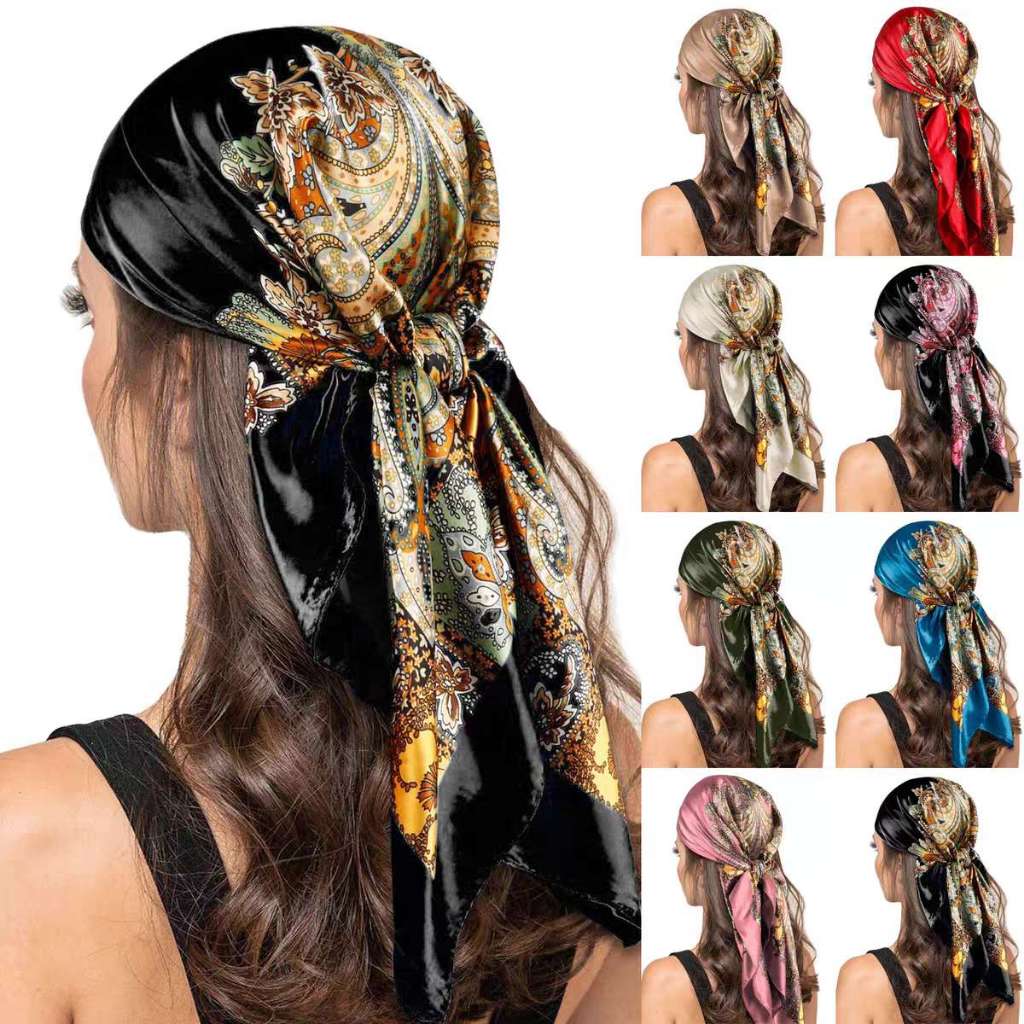 Lenço Estampado de Cetim Seda Moda Feminina Echarpe Faixa De Cabeça Bandana Lenço Top.